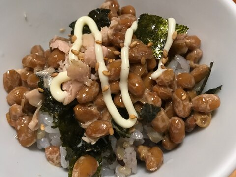 雑穀ごはんで。海苔とツナマヨ納豆丼